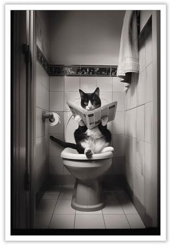 Beshdomp Vintage Cute Cat Reading On Toilet Newspaper Posters Black And White Canvas Wall Art Funny Animals Room Aesthetic Prints Painting For Home Bedroom Dorm Wall Decor 8x12in Unframed