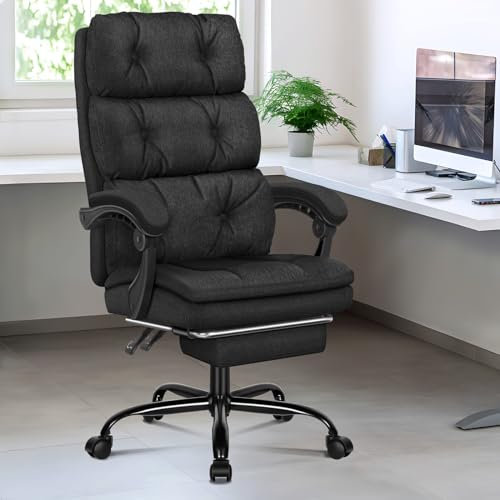 ELFORDSON Executive Office Chair with Dual Paddings, Ergonomic Desk Chairs with Footrest Armrests, Computer Gaming Chair for Home Office, High Back Height Adjustable Reclining Swivel, Fabric, Black