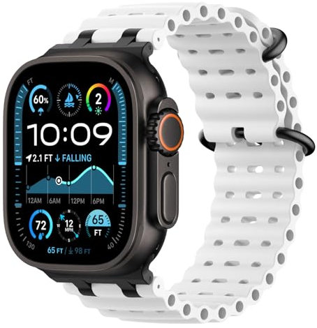 Astorgos Correas Ocean Compatible con Apple Watch Ultra2/Ultra 49mm,S10 46mm,9/8/7 45mm,SE2/SE/6/5/4 44mm,3/2/1 42mm,Correa de Reloj Deportiva con Conector Metálico para Hombre Mujer, Negro/Blanco