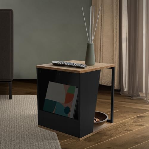 ML-Design Beistelltisch 40x40x45 cm, Braun in Eiche-Rustikal, Sofatisch aus Holz, Wohnzimmertisch mit Stahlgestell und 2 Ablagen, Couchtisch mit Zeitschriftenfach, Metall Kaffeetisch für Wohnzimmer