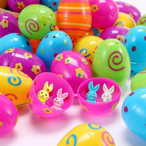 KEELYY 24x Ostereier mit 24 Mini Hase Figuren, Ostergeschenke Kinder, Ostereier gefüllt mit Spielzeug, Ostereier Befüllbar Osterei Jagd Filler Stuffer Party Geschenk