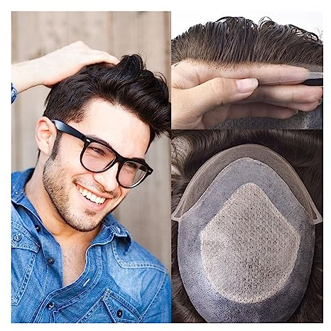 Perücken für Männer Herren-Toupet mit Spitze und PU-Hautbasis, 20,3 x 25,4 cm, männliche Haarprothese, Herrenperücke, Diamant-Spitzenoberseite, natürlicher Haaransatz, indisches Echthaar, Systemeinhei