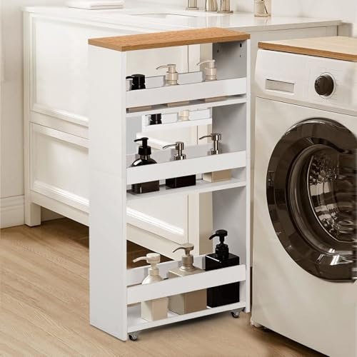 FetiNes Rollwagen 4 Ebenen, Küchenwagen schmal, Nischenregal auf Rollen, Stahl, Griff, für kleine Räume, 40 x 20 x 80 cm, Küche, Bad, Wohnzimmer, Arbeitszimmer, Eichenfarben + Weiß