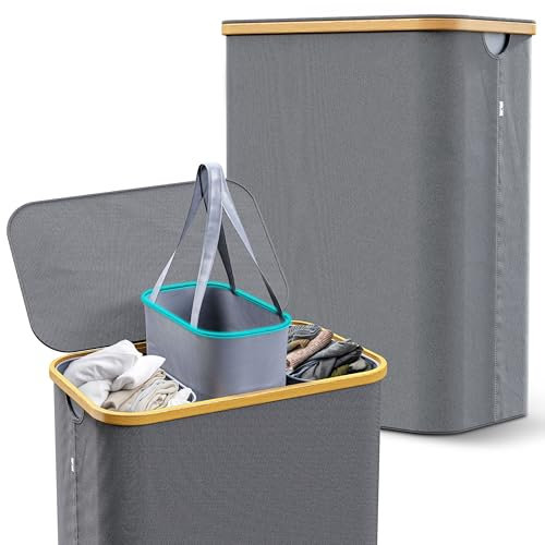 AURALIVING Wäschekorb 3 Fächer mit Deckel – 160 Liter Wäschesammler mit Bambusrahmen & stabilen Metallringen – herausnehmbare, waschbare Wäschesäcke – grau – 20 kg belastbar