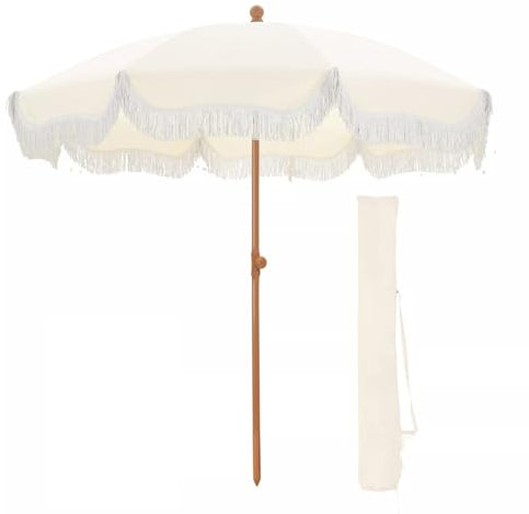 XOBRJQZ Sombrilla de Terraza blanca con Flecos, sombrilla de playa redonda al aire libre con bolsa de transporte