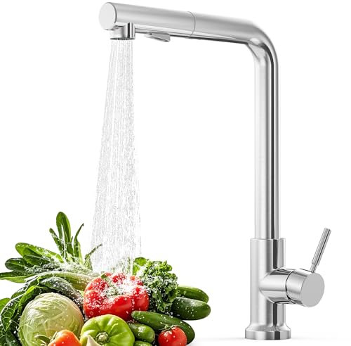 Rubinetto Lavello Cucina con Doccetta Estraibile – Miscelatore Cucina Inox 360° Girevole, 2 Getti, Rubinetto Moderno per Lavello Singolo e Doppio