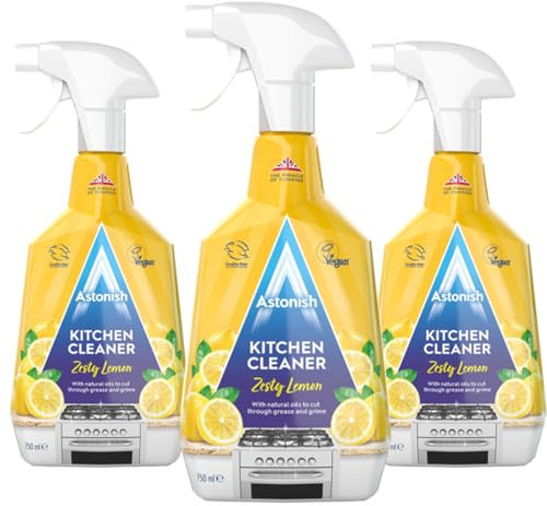 Astonish Kitchen Cleaner 750ml x3 – Powerful Grease & Dirt Remover Spray for Kitchen Surfaces, Worktops, Hobs & Sinks – Antibacterial, Vegan, Cruelty-Free, Fresh Scent Cleaning Spray
