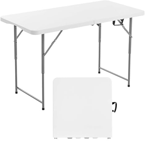 VEVOR Folding Table, Heavy Duty Portable Fold-in-Half Utility Table, Indoor Outdoor Plastic Rectangle Table with Built in Handle, for Party, Dining, Wedding, Events, Picnic, Camping, 4 ft, White
