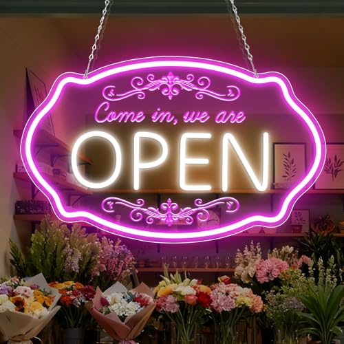 LED Open Schild „Come in We're Open“, 41,91 × 25,4 cm, Pink und Weiß, dimmbares Acryl-Leuchtschild mit Gravur, USB-Stromversorgung und Metallkette für Geschäft, Café, Bar, Restaurant und Salon