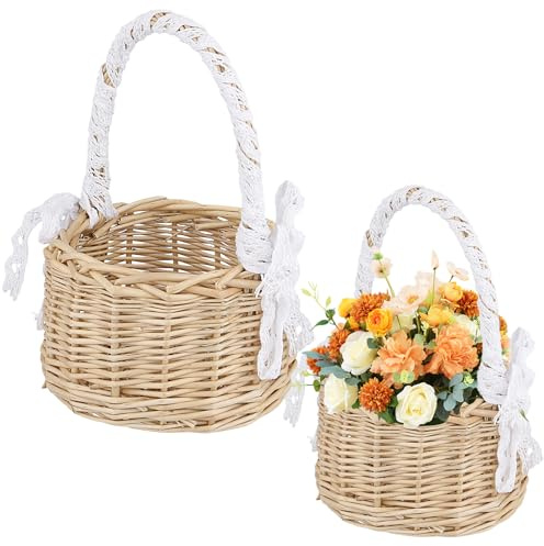 SYUTBOU 2 Stück Blumenmädchen Korb, 22x13 cm Mini Geflochtener Blumenkorb, Blumenkorb Hochzeit, Kleiner Korb mit Henkel, Kleiner Weidenkorb mit Henkel, Rattankorb Klein