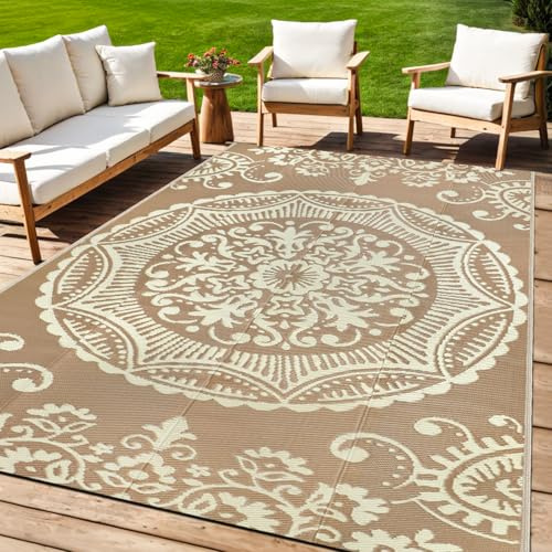 Capslpad Outdoor Teppich Wetterfest, Balkon Teppich, Kunststoff Camping Teppich, Leichtgewicht Picknickdecke, Vorzeltteppich Outdoorteppich für Balkon, Picknick, Camping, Garten, 150 x 245 cm Beige