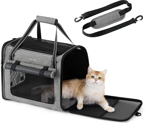 Lesure Foldable Cat Carrier for Travel, 43.5x29.5x34cm, Grey | Stable Soft-sided Pet Carrier with Breathable Mesh, Car Safety Belt, Shoulder Strap and Removable Mat for Cats and Kittens