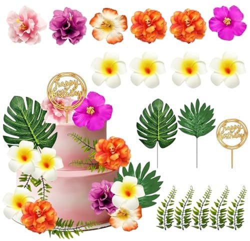 Decorazioni per torte hawaiane topper,18pcs Decorazione Torta Hawaian,decorazioni per torte tropicali Foglie Tropicali Decorazioni per Torta per Matrimonio Hawaiano, Festa In Spiaggia (A)