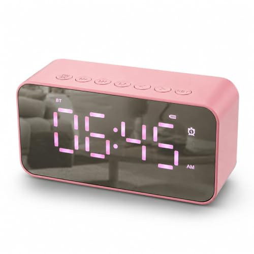 Winsegom Alarm Clock, Pink Digital Alarm Clock Bedside with LED Display, Bluetooth Speaker Fm Radio Alarm Clock Battery Powered Portable Mirror Alarm with Dual Alarms for Bedroom, Bedside