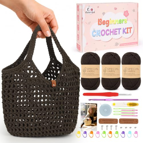 Aeelike Häkelset für Anfänger Handtasche, Starter Häkel Set mit Häkelnadeln 2Pcs 4,5mm, 3 Häkelgarn, Zubehör, Häkeln für Anfänger mit Deutsche Anleitung und Video, Kaffeebraun Häkeltasche Häkelset