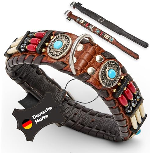 MICHUR Carlota Halsband Indianer, Hundehalsband Leder Braun, Lederhalsband Hund, Halsband, MIT TÜRKISEN Steinen, in verschiedenen Größen erhältlich