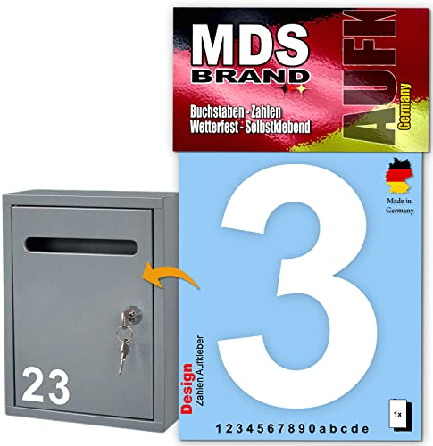 MDS Brand Design 10cm Zahlen Aufkleber | Selbstklebende Klebezahlen für Briefkasten, Mülltonne, Hausnummer Aufkleber für Außen & Innen Weiss (3)