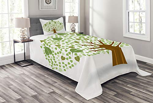 ABAKUHAUS Baum Tagesdecke Set, Heilige Feige Bodhi Blätter, Set mit Kissenbezügen Sommerdecke, für Einzelbetten 170 x 220 cm, Grün braun und Weiß