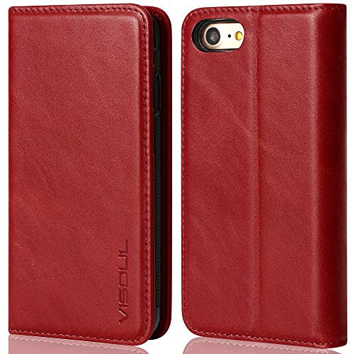 VISOUL iPhone SE 2022/2020 Hülle, iPhone 8/7 Handyhülle,Stoßfeste Schutzhülle [Erstklassiges Rindsleder] [Kartenfach] Lederhülle Kompatibel für iPhone 7/8/SE2/SE3 (4,7) A01Rot