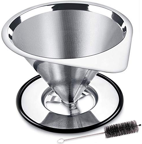Nurch Kaffeefilter Wiederverwendbare Kaffeetropfer aus Edelstahl Einzeltassen-Kaffeemaschine Rutschfestem Tassenständer und Reinigungsbürste 1-4