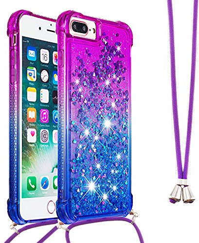Handykette Handyhülle für iPhone 8 Plus / 7 Plus,Glitzer Quicksand kreatives Fließende Flüssigkeit schwimmt Silikon Case mit Umhängeband Handykordel Band Kette für iPhone 8 Plus,YB GS Purple Blue