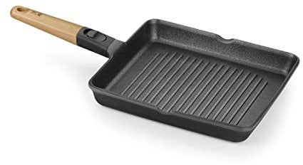 BRA Market - Grill Rayas 28 cm, Aluminio Fundido, Mango Desmontable Madera Natural, Antiadherente tricapa sin PFOA, Apta para Todo Tipo de cocinas Incluido inducción