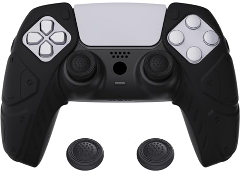 PlayVital Edición Mecha Negro Funda de Silicona Suave para ps5, Protector de Goma Ergonómica con Tapas para Joysticks para ps5 Mando - Compatible con Estación de Carga