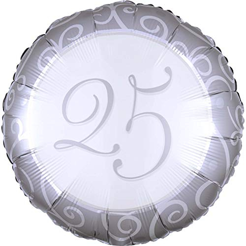 Amscan 1105675 - Standard Folienballon 25 Jahre, silber, Durchmesser circa 43 cm, Heliumballon, Silberhochzeit, Geburtstag