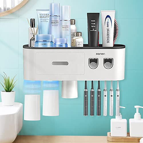 TuCao Zahnbürstenhalter Wandmontage mit 2 automatischen Zahnpastaspendern, 6 Zahnbürstenschlitzen, 3 Magnetbechern, 1 Aufbewahrungsschublade und großem Ablagefach