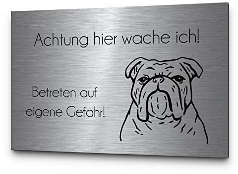 Hundewarnschilder für aussen Englische Bulldogge Vorsicht Hund Hier wache ich | Schöne Gravur auf Edelstahl rechteckig | Hinweisschild Langlebig für draußen zB Gartentor