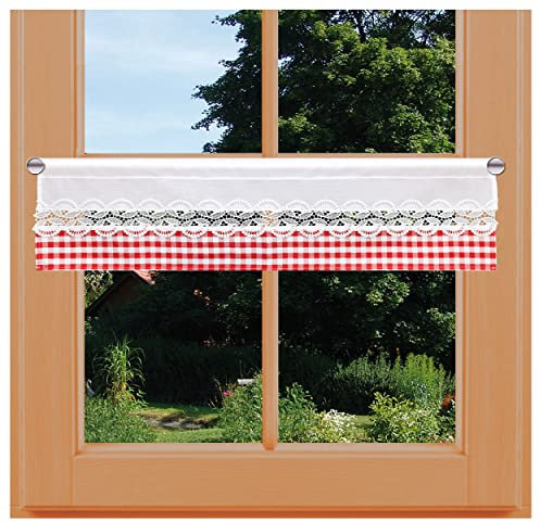 Feenhaus-Scheibengardine Hannah mit Vogtländischer Spitze Landhaus-Kurzgardine rot-weiß kariert | blickdichter Scheibenhänger für Küche und Esszimmer | Kaffeehausgardine Höhe x Breite 20 x 67 cm