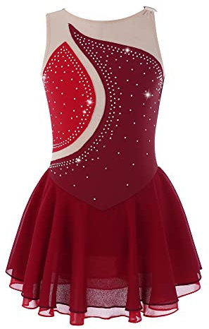 iEFiEL Mädchen Eiskunstlauf Kleid Glitzer Ballettkleid Ärmellos Ballettanzug Ballett Trikot Body mit Strass Wettbewerb Kostüm Gymnastikanzug Y Burgundy 146-152