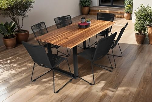 SAM 7tlg. Outdoor-Tischgruppe 180 x 90 cm Avila, Akazienholz massiv & geölt, Esstisch mit U-Gestell schwarz lackiert, echte Baumkante, viergeteilte 26mm Platte + 6X Seilstuhl ISRA in Schwarz