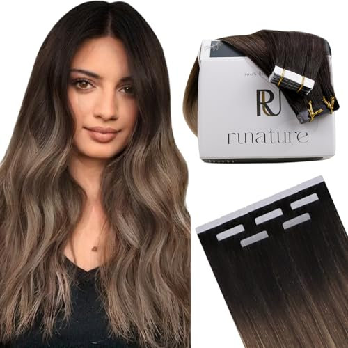 RUNATURE Tape Extensions Echthaar Balayage Braun 30cm Gerade Echthaar Extensions Tape Balayage Dunkelbraun Ombre Mittelbraun Mit Aschblond Tape in Extensions Echthaar #2/6/18 20 Stück 30g