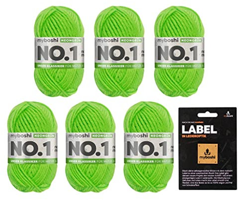 myboshi No.1 Wolle zum Häkeln und Stricken, Schnellstrickgarn, langlebige Mützenwolle, Strickwolle, Häkelwolle, mulesing-frei, Ll. 55m /50g, 30% Wolle (Merinowolle) Neongrün 6 Knäuel