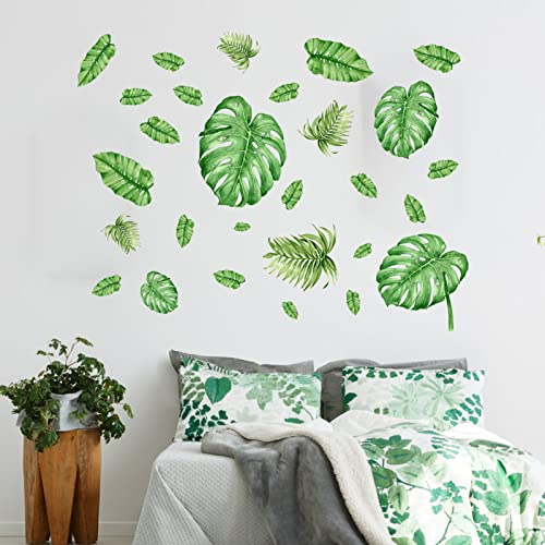 AnFigure Tropical Leaves Wall Decals Palm Tree Leaf Green Plants Wall Stickers for Living Room Bedroom Sofa TV Background Leaf Wall Decor