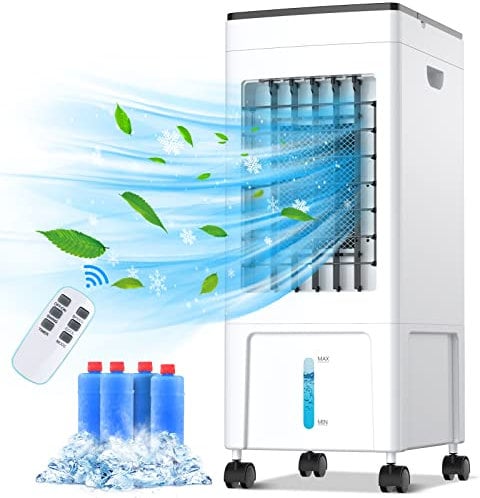 Evaporative Air Cooler, 4-IN-1 Portable Air Conditioner 8L Space Cooler Humidifier Air Purifier Cooling Fan,1-8H Timer, 60W, 3 Modes, W/Remote Control & 4 Ice Box for Room, Office, Kitchen