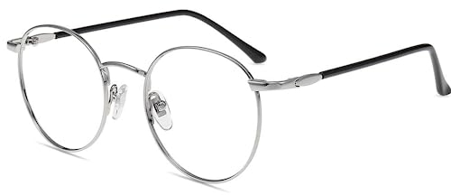 Firmoo Occhiali da Lettura +1.00 Anti Luce Blu e 100% UV Protezione Occhiali Rotondi Retrò Donna Uomo (Argento)