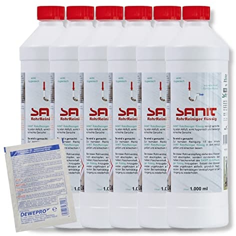 DEWEPRO-Set: SANIT RohrReiniger flüssig (3063) - 6 Flaschen à 1000ml - Hochwirksamer Rohrreiniger auf flüssiger Basis, inkl. 1 St. DEWEPRO® Single Scrubs