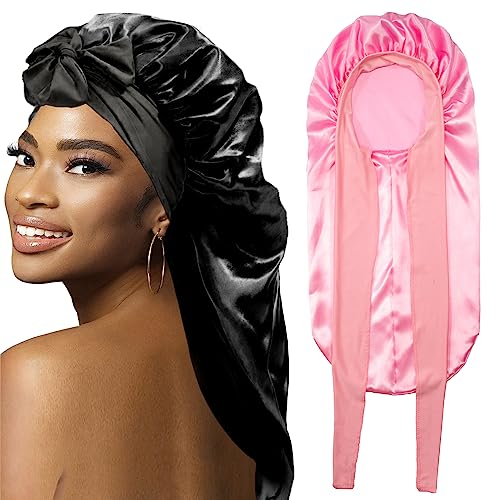 Motorhauben für schwarze Frauen, geflochtene Motorhaube, große lange Satinhaube zum Schlafen, schwarze Frauen-Satin-Seidenhaube mit dehnbarem Bindeband, Schwarz, Large
