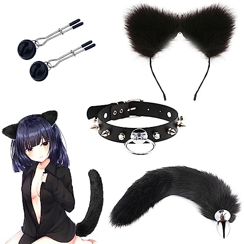 Qoosea 4 Stück Edelstahl Analplug mit Fuchsschwanz, Anus Masturbator Anal Dildo Set Nippelklemmen + Halsband + Katze Ohren SM Sexspielzeug Buttplug für Paare, Fox Tail Anal Plug Cosplay