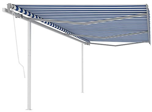 PURADAY Balkon Markise mit Pfosten 6x3 m Blau und Weiß Garten Gelenkarmmarkise Automatisch mit Langen Handkurbel Restaurants Terrassenmarkise Winkel und Höhe Einstellbar UV- und Wasserbeständig