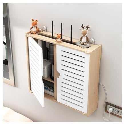 Yi Chen 2 Capas Caja de Almacenamiento WiFi Router Estante de Madera para Router con Puerta de Armario, Montado en la Pared Ocultar TV Cables Decoracion Cajas Set-Top Caja Estante-Pequeño