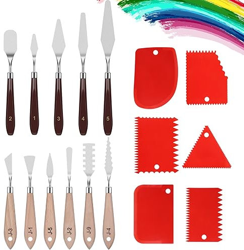 Zocipro 17 Stück Spachtel für Acrylmalerei, Palettenmesser für Strukturpaste, 11 Stück Malmesser Set mit 6 Stück Zahnspachtel, Edelstahl Palettenmesser für Ölgemälde/Gouache/Aquarell/Felsmalerei