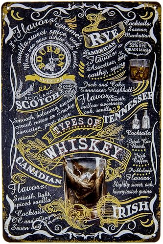 LUCKYLINDE – 30 x 20 cm Blechschild – Bar, Restaurant, Pub, Partykellder Deko Schild, Cocktail Übersicht Tafel - Whiskey Guide (schwarz)