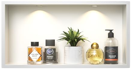Bernkot Douche murale en acier inoxydable avec downlight, 60 cm x 30 cm, étanche, pas de carrelage nécessaire, rangement de salle de bain, niche, blanche