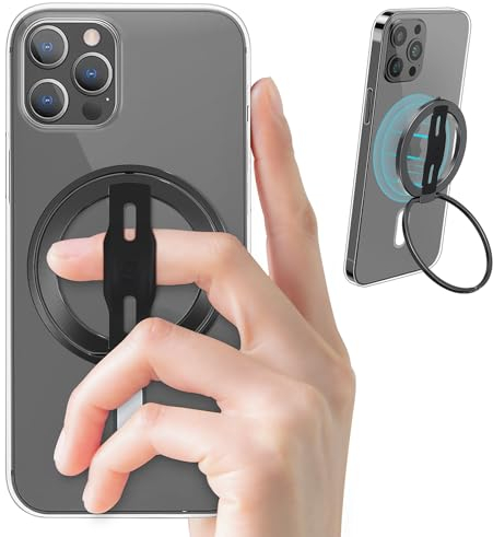 EWA MagOne 2nd Gen [Compatible with MagSafe] Phone Grip Stand with Replaceable Silicone Finger Strap, Removable Magnetic Ring Holder Kickstand Loop, for iPhone 15, 14, 13 Pro/Max/Plus (Black)