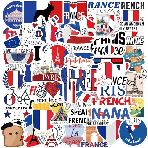 Bric Dodo 50 Stück Frankreich Aufkleber Auto Laptop Telefon Gitarre Skateboard Motorrad Fahrrad France Stickers Set Vinyl Wasserdicht Aesthetic Aufkleber für Jugendliche Kinder Erwachsene