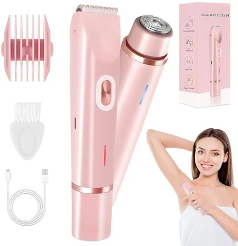 Rasierer Damen, 2-in-1 Intimrasierer Für Frauen, Wiederaufladbar Damenrasierer Elektrisch, Wasserdicht Nass- und Trockenrasierer für Gesicht, Augenbrauen, Bart, Arm, Bein und Bikini(Rosa)