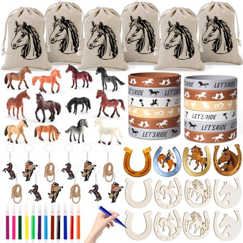 Pferde Party Mitgebsel Kindergeburtstag Junge West Cowboy Holz Hufeisen Basteln Aquarellstifte Geschenktüten Jutebeutel mit Kordelzug Pferde Figuren Armbänder Schlüsselanhänger Give Aways Gastgeschenk